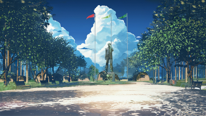 Anime park with statue and flags