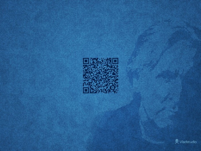 QR code and portrait on blue textured background