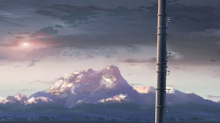 Anime landscape with mountains and clouds at sunset