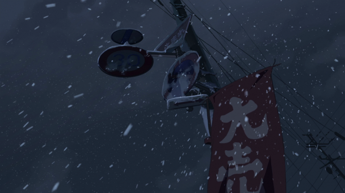 Anime screenshot of street signs in snow
