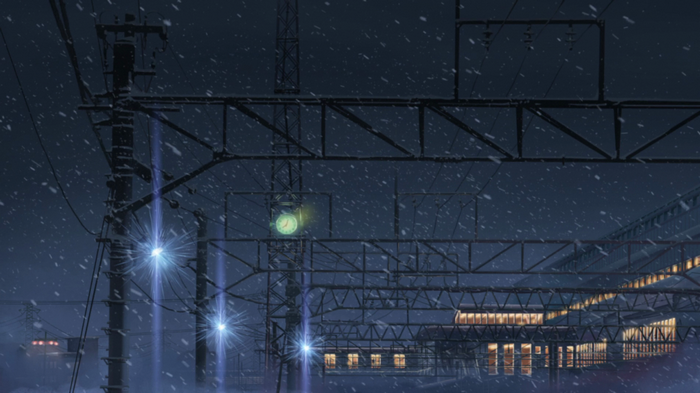 Train station in snow at night, 5 Centimeters Per Second