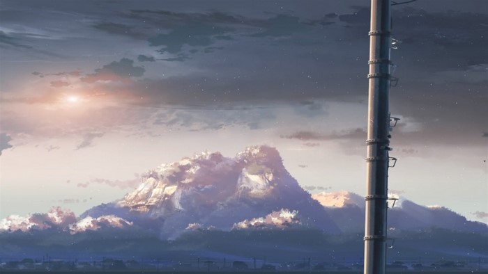 Anime landscape with mountains and clouds at sunset