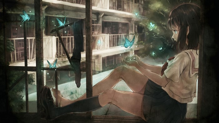 Anime girl with blue butterflies by window