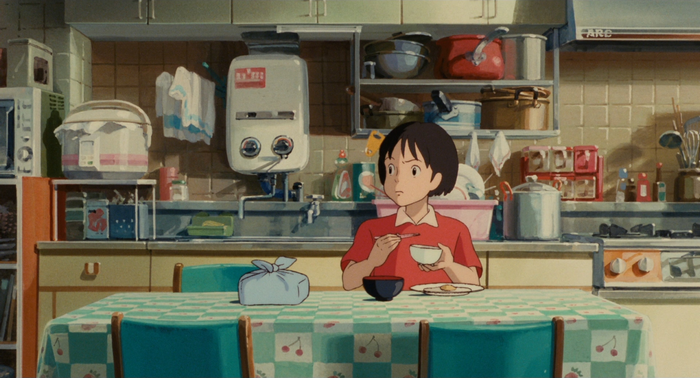 Anime kitchen scene with a girl eating