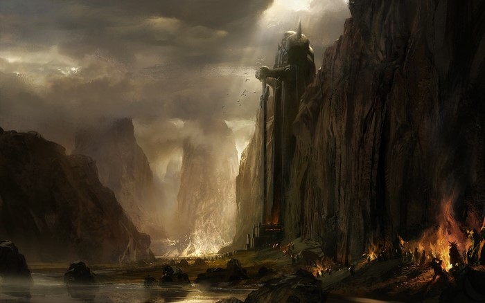 Fantasy landscape with giant statue and fire