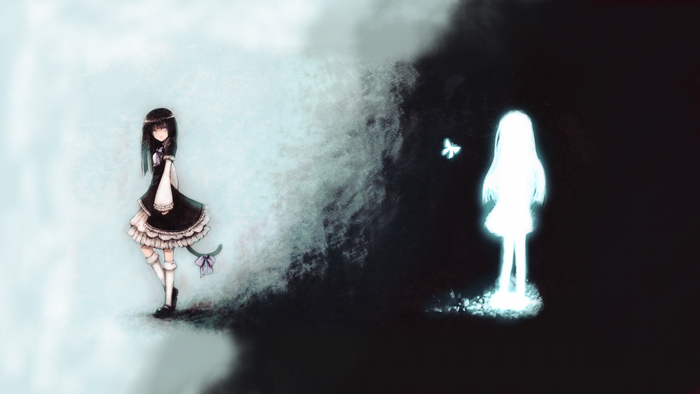Anime girl in black dress and glowing girl with butterflies