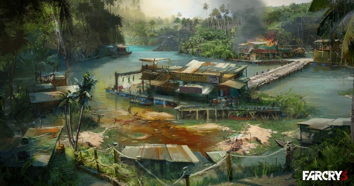 Far Cry 3 artwork of a jungle village on a river
