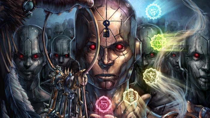 Fantasy art of androids with glowing chakras