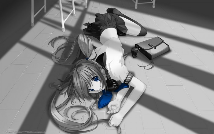 Anime girl in school uniform lying on floor