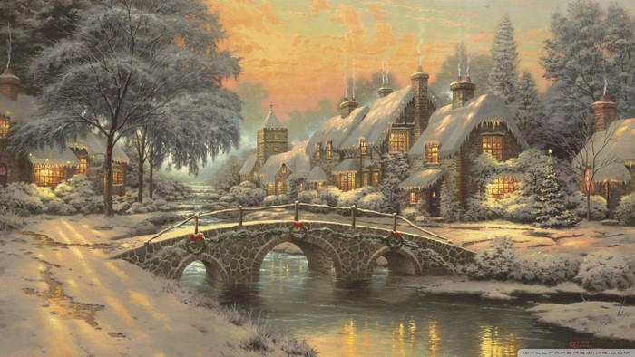 Thomas Kinkade painting of a snowy village at dusk