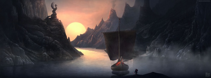 Niffelheim game art with dragon statue and ship