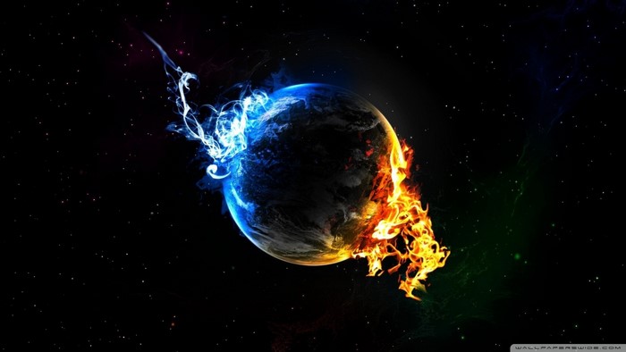 Earth in space with fire and ice effects
