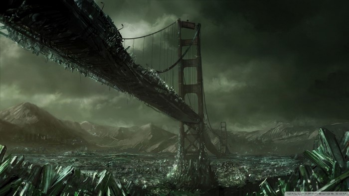 Destroyed Golden Gate Bridge in a post-apocalyptic landscape