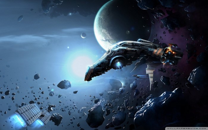 Spaceship navigating an asteroid field near a planet