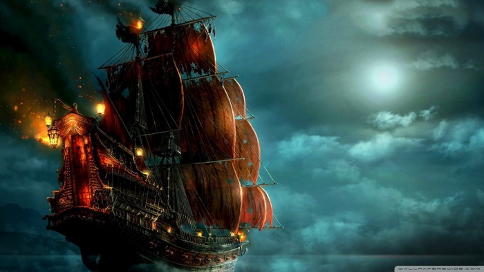 Ghost ship sailing under a full moon