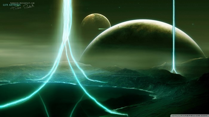 Lux Aeterna space art with planets and light beams