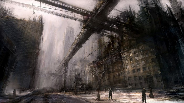 Dark, ruined city with elevated walkways and figures