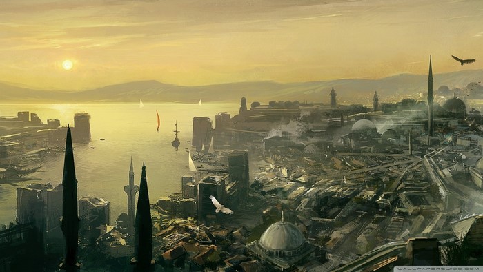 Cityscape with harbor at sunrise or sunset