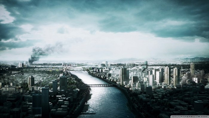 Cityscape with river and smoke plume