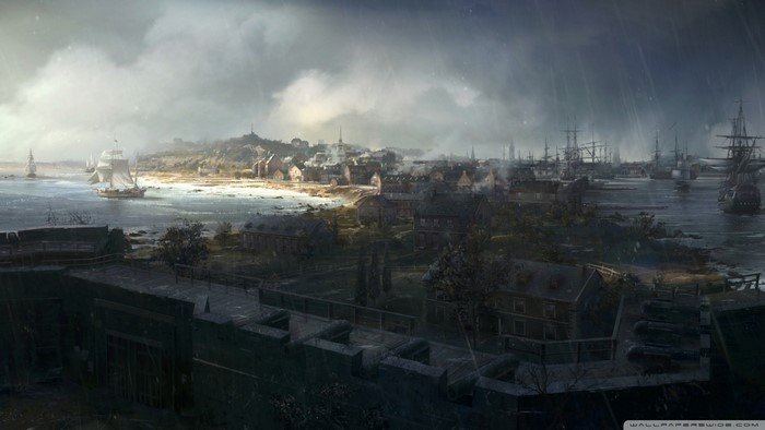 Sailing ships in a harbor during a storm