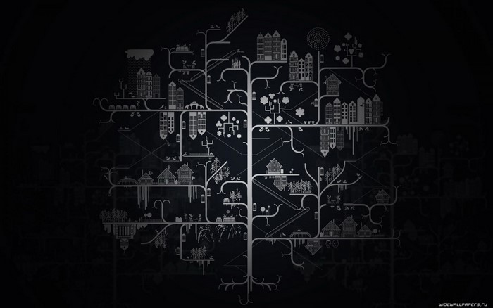 Monochrome illustration of a tree-like structure with houses and abstract elements