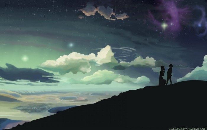 Anime couple on a hill under a starry sky