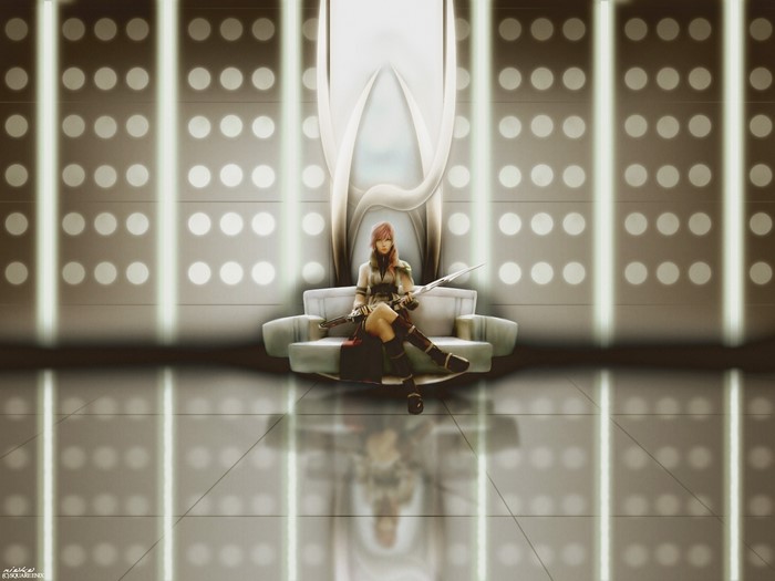 Lightning from Final Fantasy XIII sitting on a throne