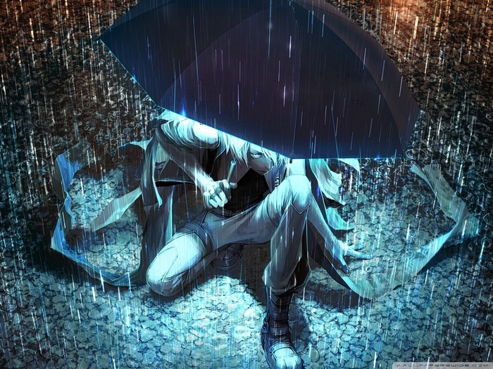 Anime character under an umbrella in the rain