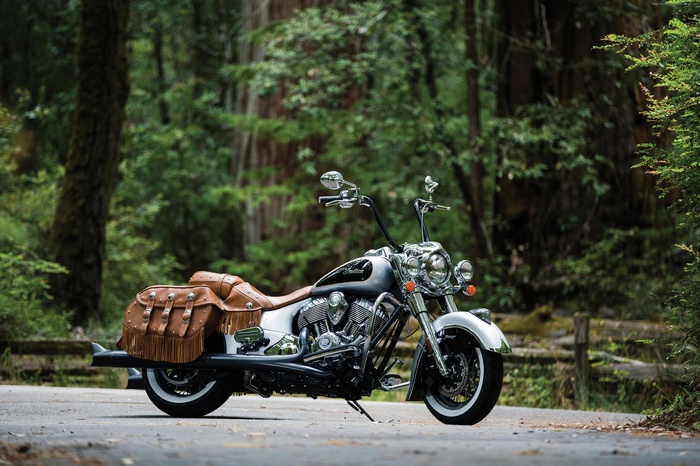 Silver and black Indian Chief Vintage motorcycle with saddlebags