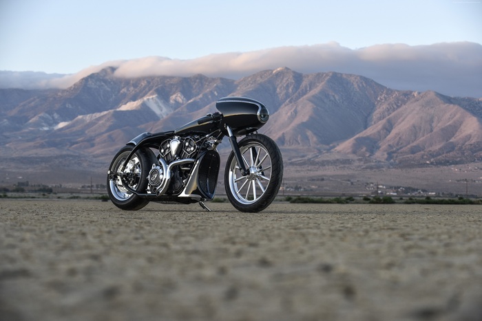 Indian Black Bullet Scout motorcycle in desert landscape