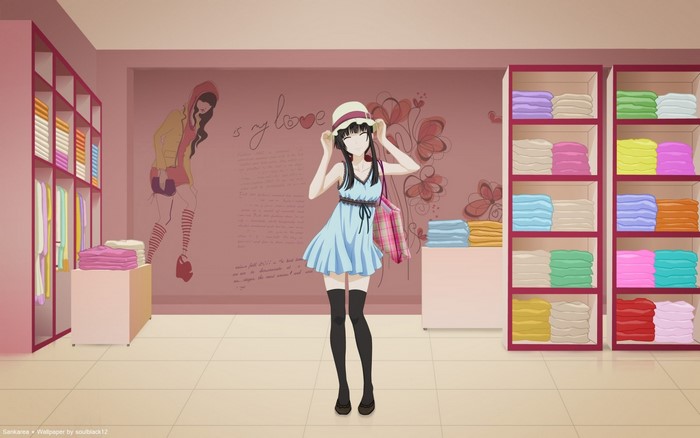 Anime girl in a blue dress in a clothing store