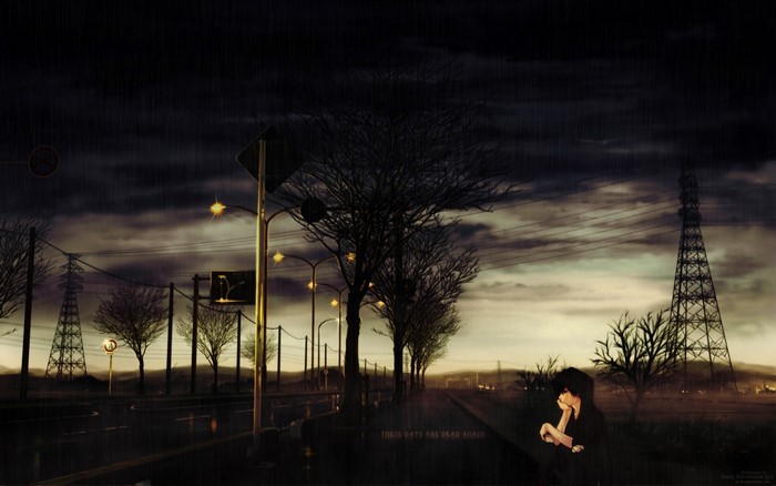 Anime girl sitting by the road at night