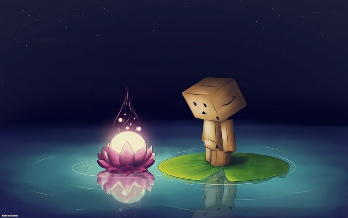 Danbo looking at a glowing lotus flower at night