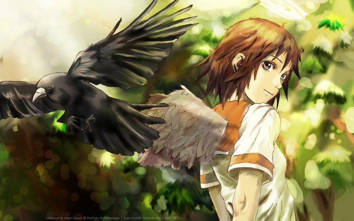 Girl with wings and crow from Haibane Renmei
