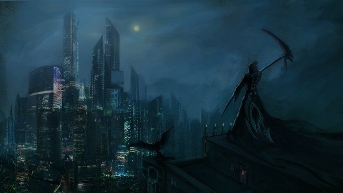Grim Reaper overlooking a futuristic cityscape at night