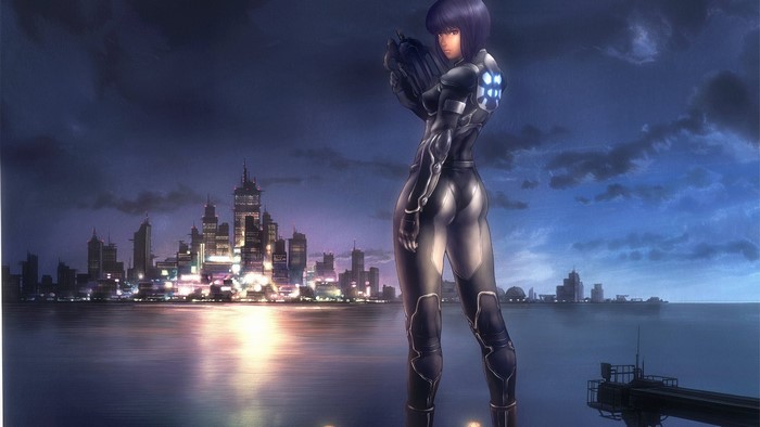 Motoko Kusanagi from Ghost in the Shell in a city at night