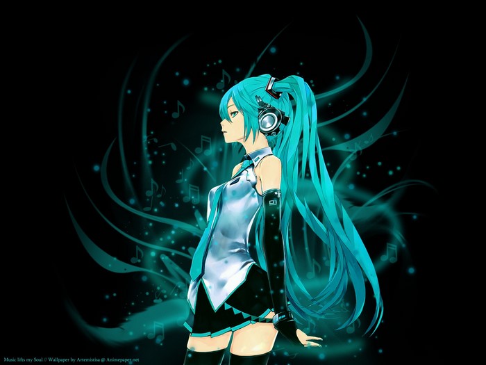 Hatsune Miku with headphones and musical notes