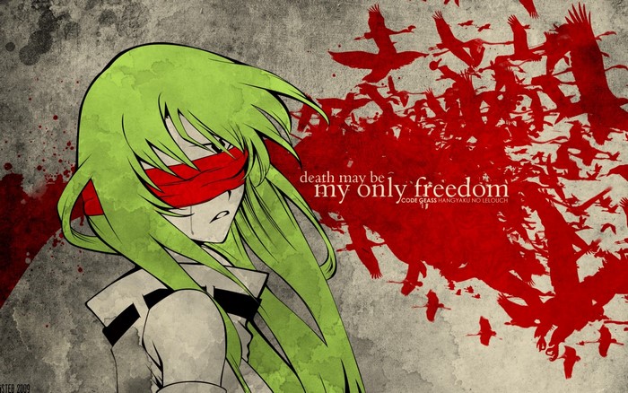 C.C. from Code Geass with red blindfold and birds