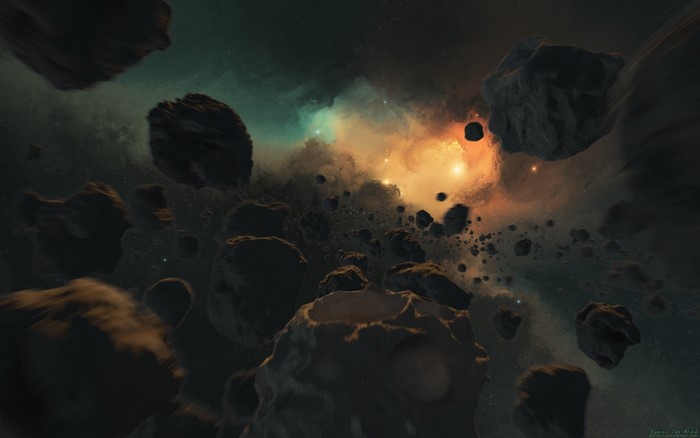Asteroids in a colorful nebula in outer space