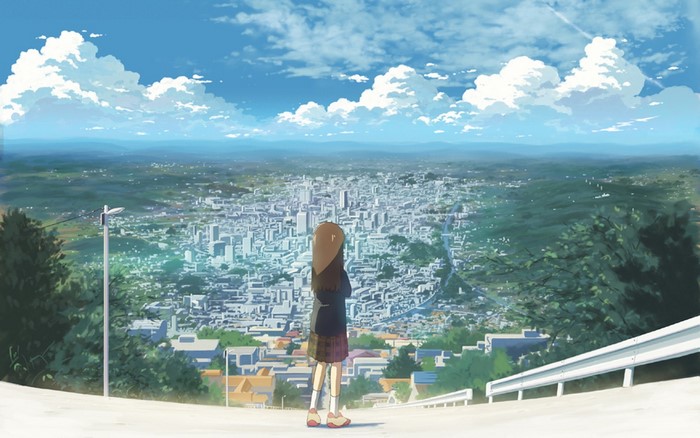 Anime girl overlooking a city from a hill