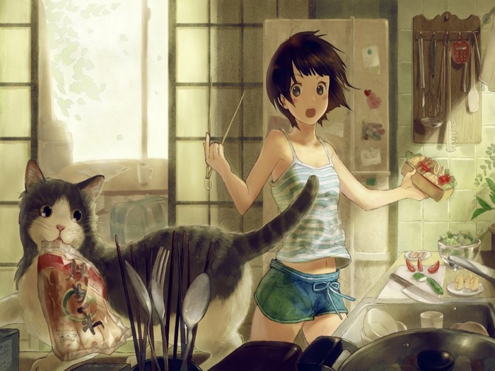 Anime girl and cat in a kitchen