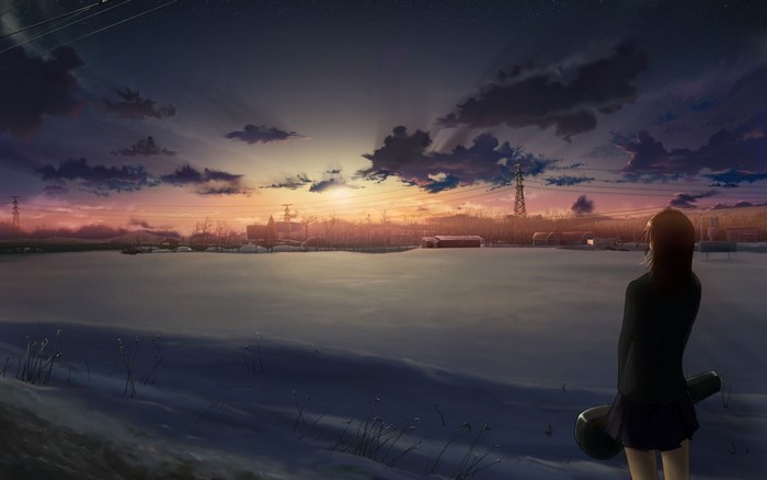 Anime girl with violin case watching sunset over snowy landscape