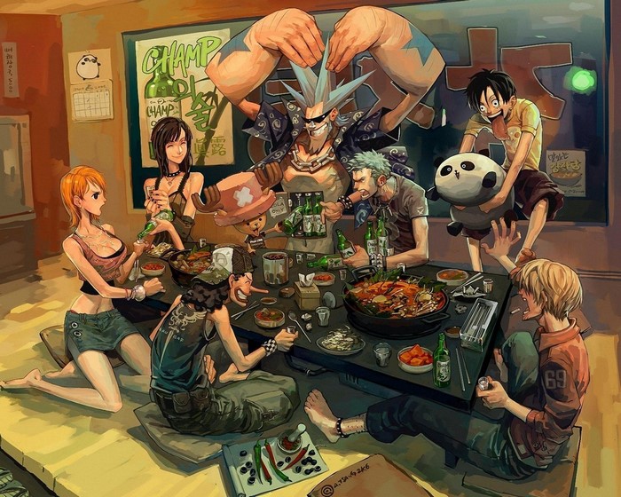 One Piece characters eating at a table
