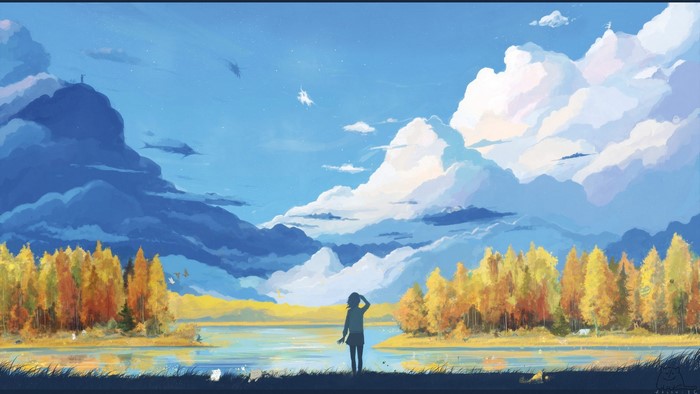 Anime landscape painting of a person by a lake with autumn trees and clouds