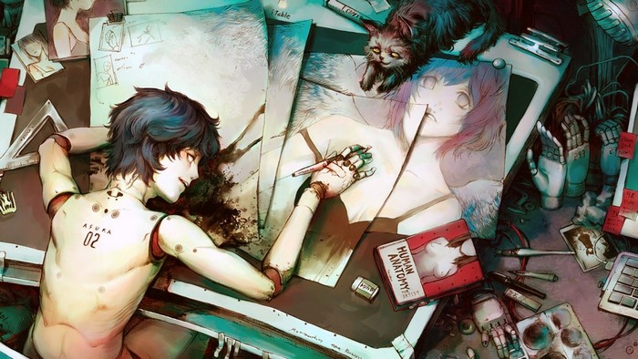 Anime robot artist drawing a portrait of a girl