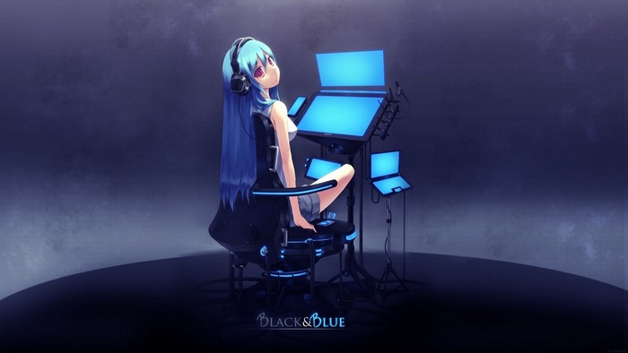 Anime girl with blue hair and headphones at a computer station