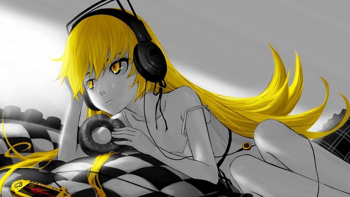 Oshino Shinobu from Monogatari Series with headphones