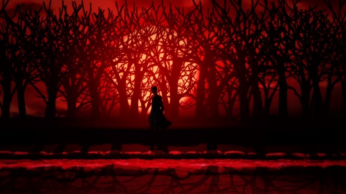 Silhouette of a person in a red forest at sunset