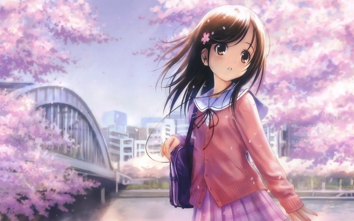 Anime girl in school uniform under cherry blossoms