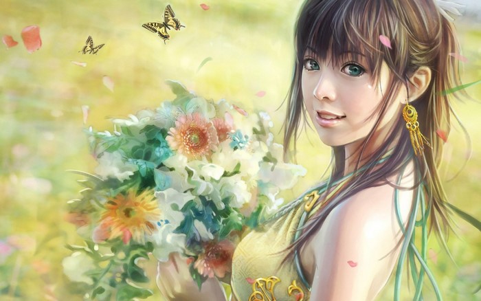 Anime girl with flowers and butterflies